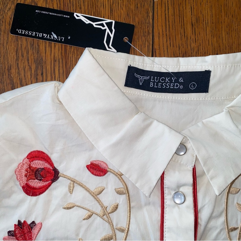 Lucky & Blessed 100% Cotton Snap Button Shirt with Red Floral Embroidery - Picture 6 of 11